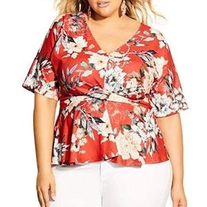 City Chic Plus Size Twist Front Floral Print Top